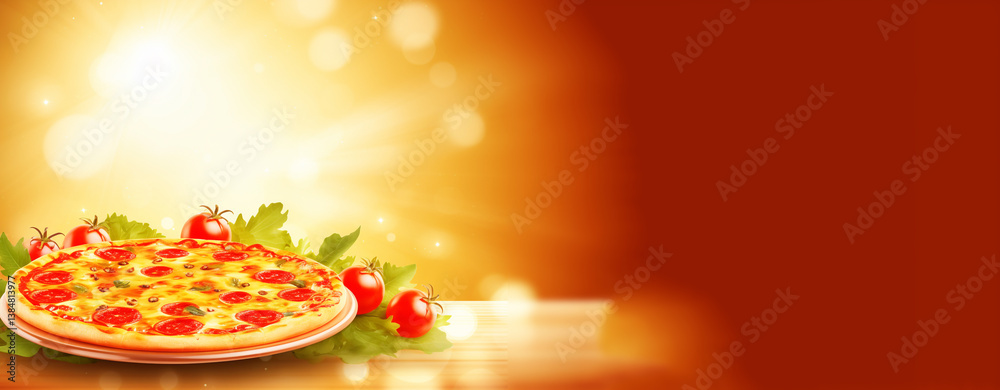 A vibrant banner-style composition with a delicious pizza topped with tomatoes, onions, cheese, and olives, placed on a plate against a bright yellow background. Pizza banner with copy space