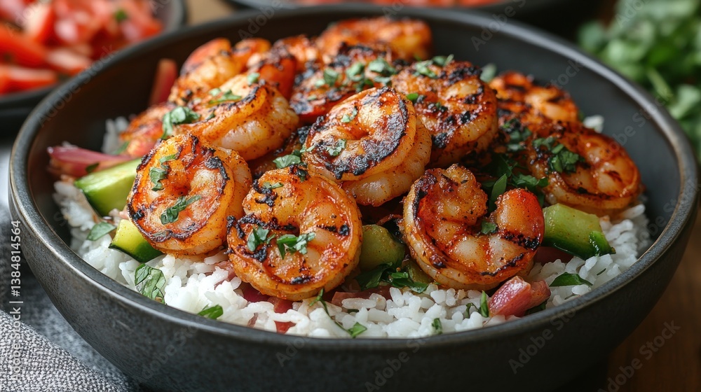 Spicy Shrimp Bowl on Wooden Table with Side Dish Spicy Shrimp Bowl on Wooden Table with Side Dish