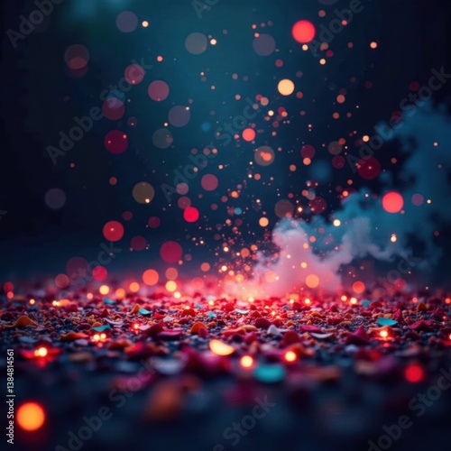 Confetti and firework debris scattered on ground after a display, colorful, firework