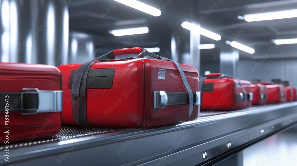 Fototapeta premium Red Suitcases on Airport Baggage Carousel.