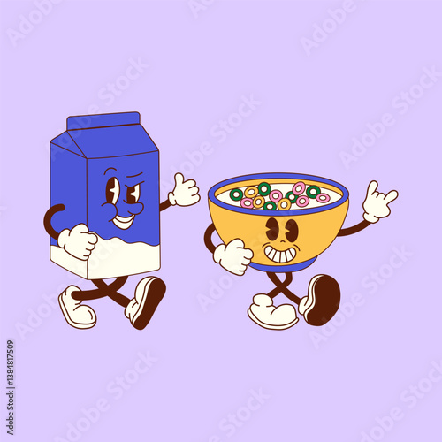 Retro cartoon cereal and milk characters, a fun and nostalgic concept of the perfect breakfast duo in vintage style