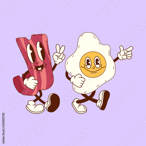 Retro cartoon bacon and egg characters, a fun and nostalgic duo representing the perfect vintage style breakfast