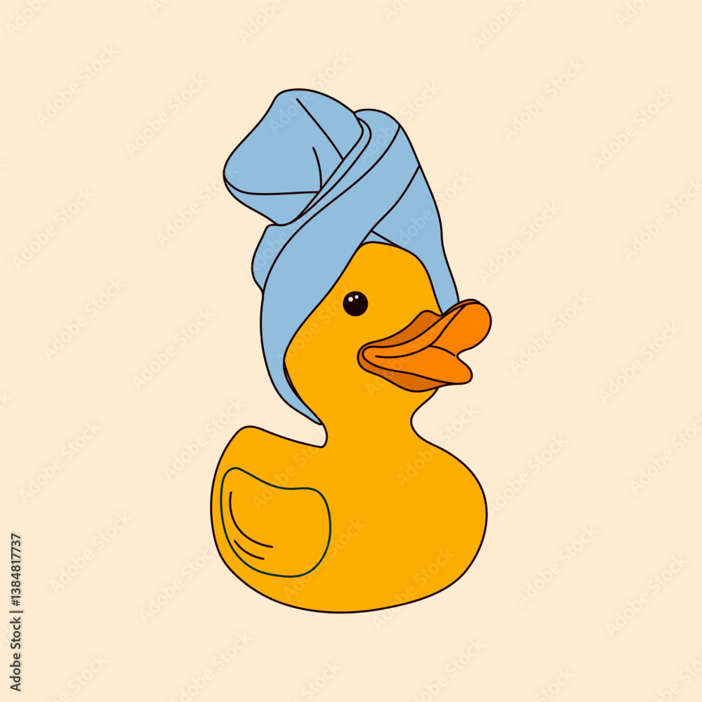 Cartoon rubber duck relaxing with a towel after the spa, enjoying a peaceful moment of self-care and wellness