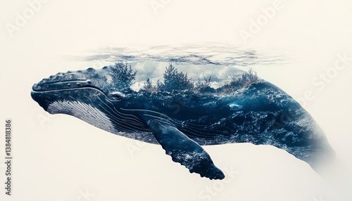 Double exposure of a whale's face blended with deep ocean scenery, showcasing the beauty of wildlife intertwined with its natural landscape.
