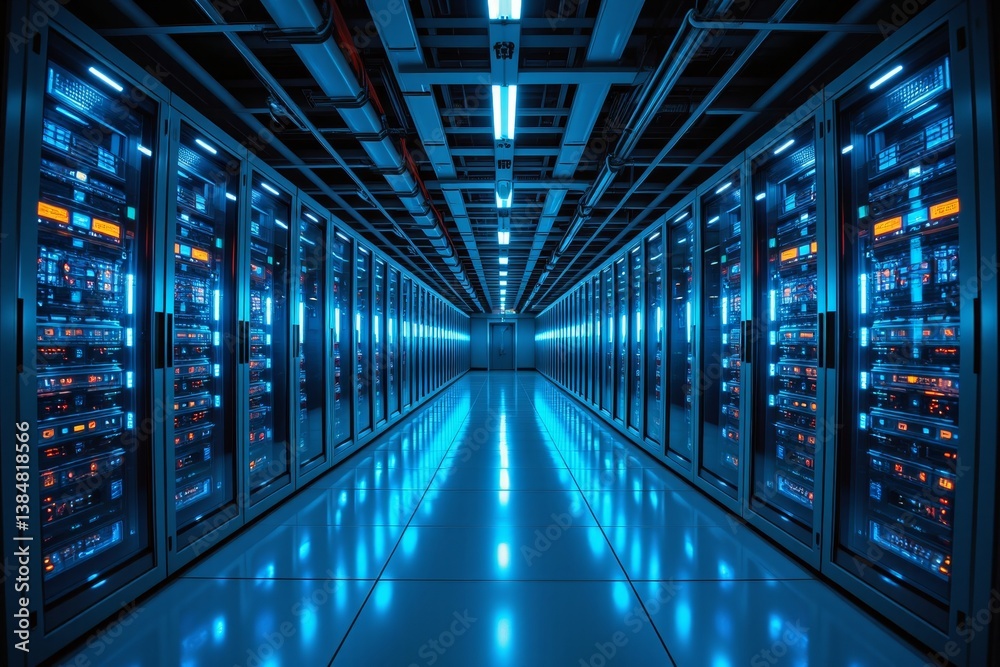 Modern Data Center Server Room Rows of Illuminated Network Servers and Technology Infrastructure Modern Data Center Server Room Rows of Illuminated Network Servers and Technology Infrastructure