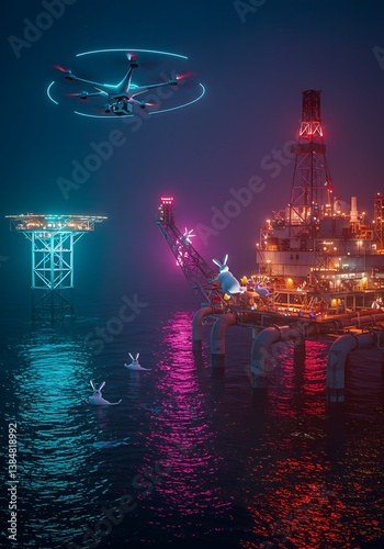 Drone Flying Over Ocean Oil Rig at Night with Neon Lights