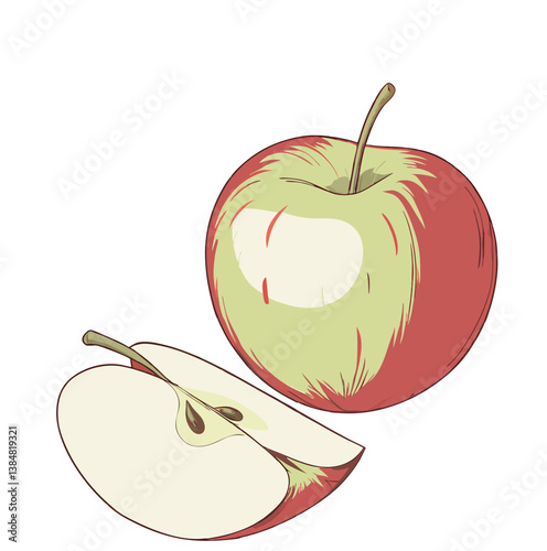 Whole round apple of rich red color with light yellowish flecks and thin brown stalk