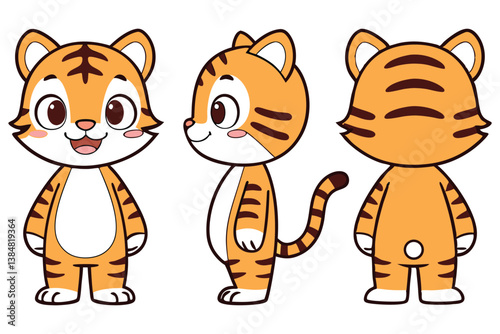 Cartoon Tiger Character Front Side and Back Views on Transparent Background