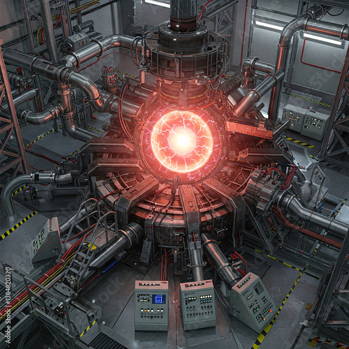 Top-Down View of a Powerful Fusion Reactor Generating Bright Plasma Energy within a Complex Industrial Research Facility