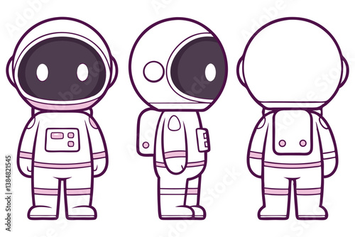 Cartoon Astronaut Character Three Views In White Suit On Transparent Background