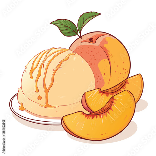 Design a vector illustration of a bold, stylized scoop of peach ice cream, emphasizing texture and juicy color.  Use thick, impactful strokes.