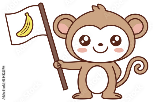 Cute Brown Cartoon Monkey Holding Banana Flag on Isolated Transparent Background