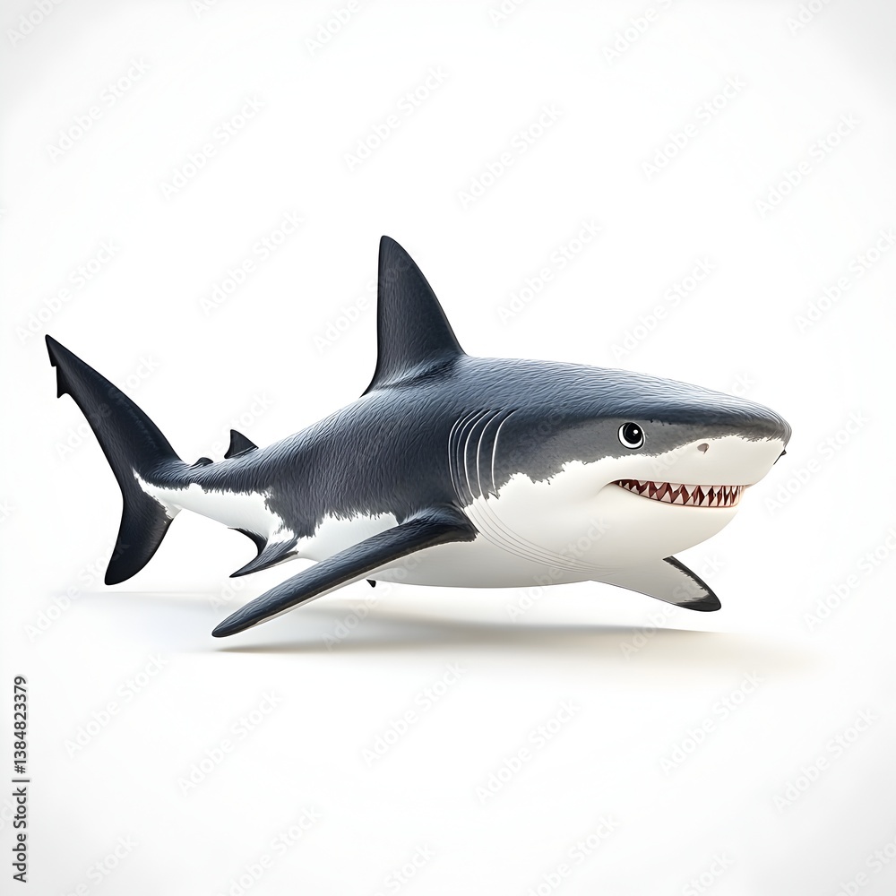 Fototapeta premium A detailed 3D rende of a great white shark swimming gracefully against a pure white background ideal for marine life documentaries or educational