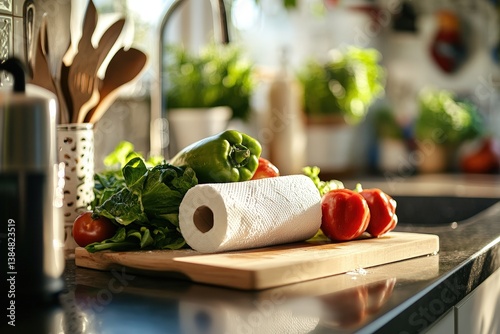 Fresh vegetables with a paper towel placed on a wooden cutting board photo