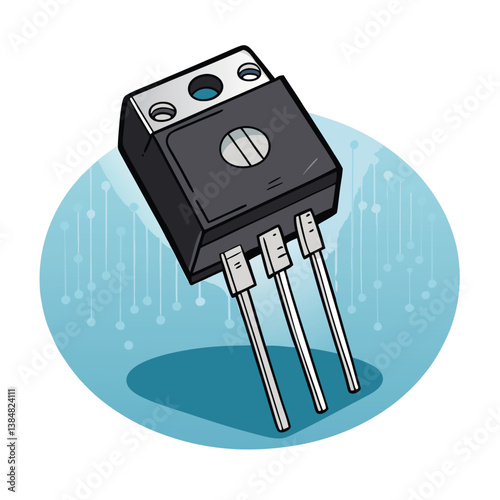 Design a bold, vector illustration of a silicon transistor, emphasizing its internal structure with strong, contrasting lines and shapes.  Include clear labeling of key components.
