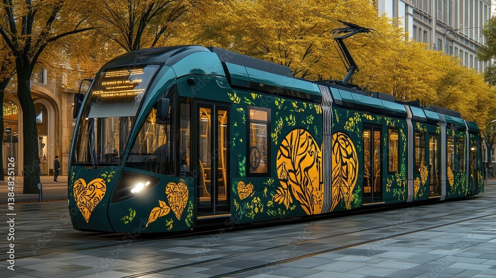 Obraz premium Modern tram decorated with nature-inspired art. Tram in urban setting, autumn leaves on trees