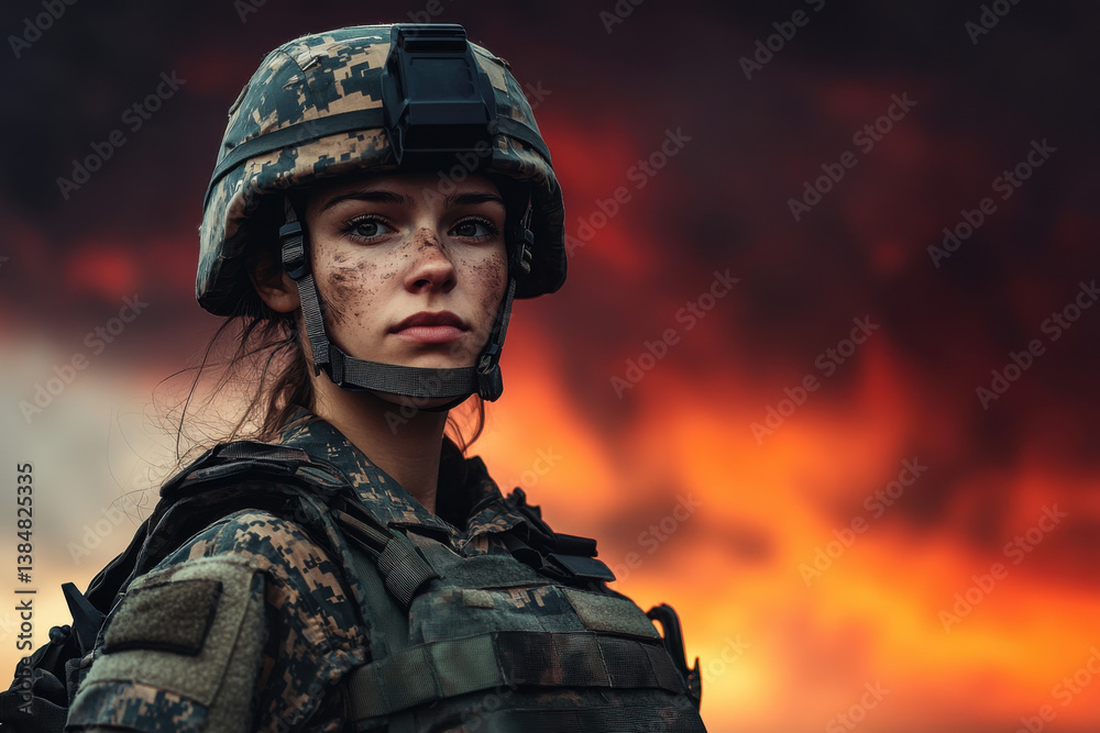 Determined female soldier standing strong against fiery background Determined female soldier standing strong against fiery background