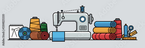 Modern textile icon set with sewing machine and fashion sketchbook tools