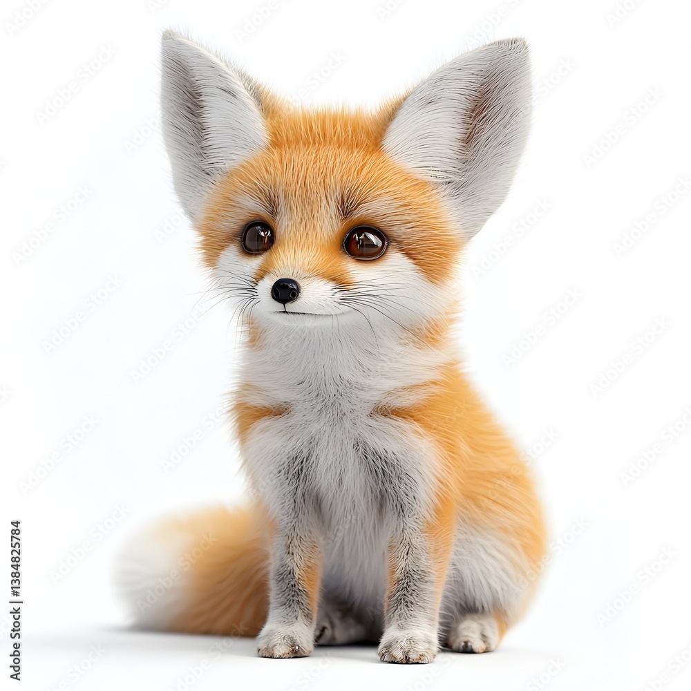Obraz premium An adorable fluffy Fennec fox kit sits on a white background looking directly at the viewer with big expressive eyes.