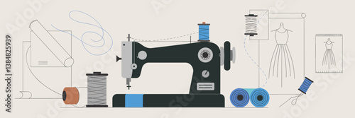 Minimalist illustration of sewing machine with fabric rolls and fashion sketches