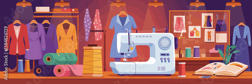 Modern textile industry workspace with sewing machine – Perfect for fashion design blogs, garment manufacturing guides, or studio branding