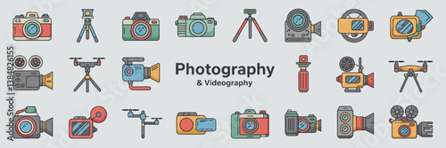 Vector icons of photography and videography gear on a light gray background