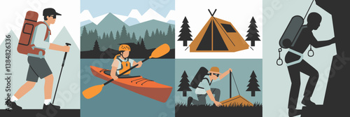 Outdoor adventure icons with hiker, kayaker, camper, and mountain climber