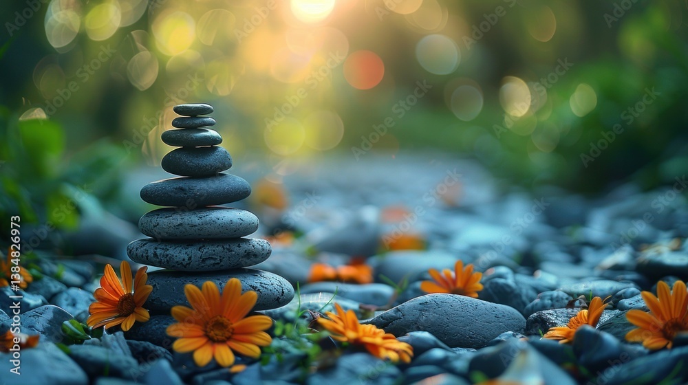 Obraz premium Balanced stones, zen garden, sunlight, orange flowers