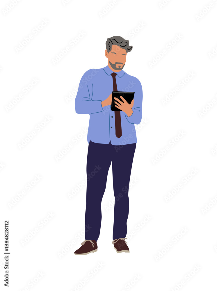 Obraz premium Portrait of happy bearded businessman holding tablet PC. Confident office worker standing in smart casual clothes. Flat vector realistic illustration of handsome modern man isolated