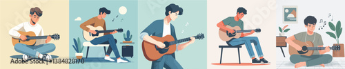 vector collection of young men playing guitar