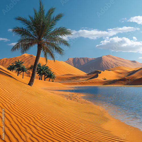 A stunning desert landscape with sand dunes, a clear blue sky, and the occasional oasis