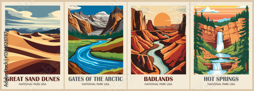 A collection of posters featuring various national parks and mountain ranges. The postcards are arranged in a grid and include Great Sand Dunes, Gates of the Arctic, Badlands, Hot Springs.