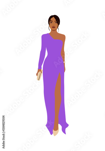 Stylish beautiful Woman in fashion dress for Christmas, New year, evening, cocktail party, event. Pretty girl in modern clothes, shoes. Flat vector realistic illustration isolated
