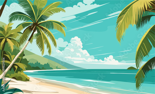 A tropical beach scene with palm trees and a sandy shoreline. The sky is blue and there are some clouds. Scene is peaceful and relaxing