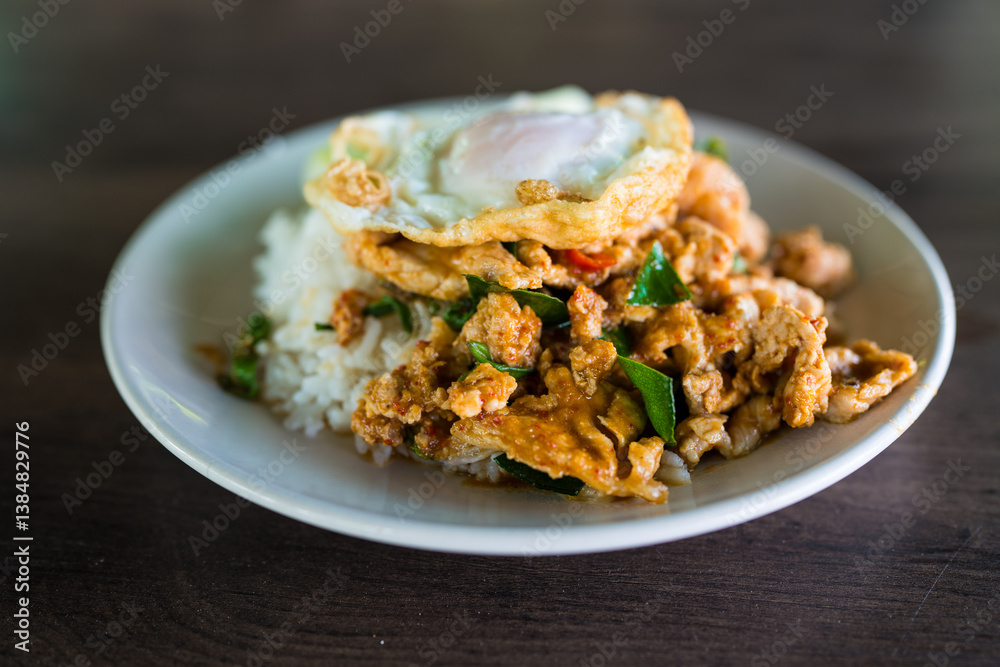 Rice topped with stir fried pork and red curry paste with egg. Thai food Rice topped with stir fried pork and red curry paste with egg. Thai food