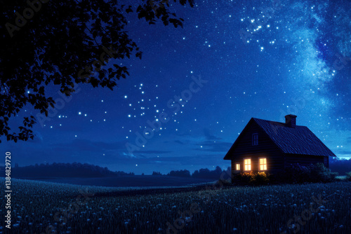 Cozy wooden house standing in a field under a starry night sky