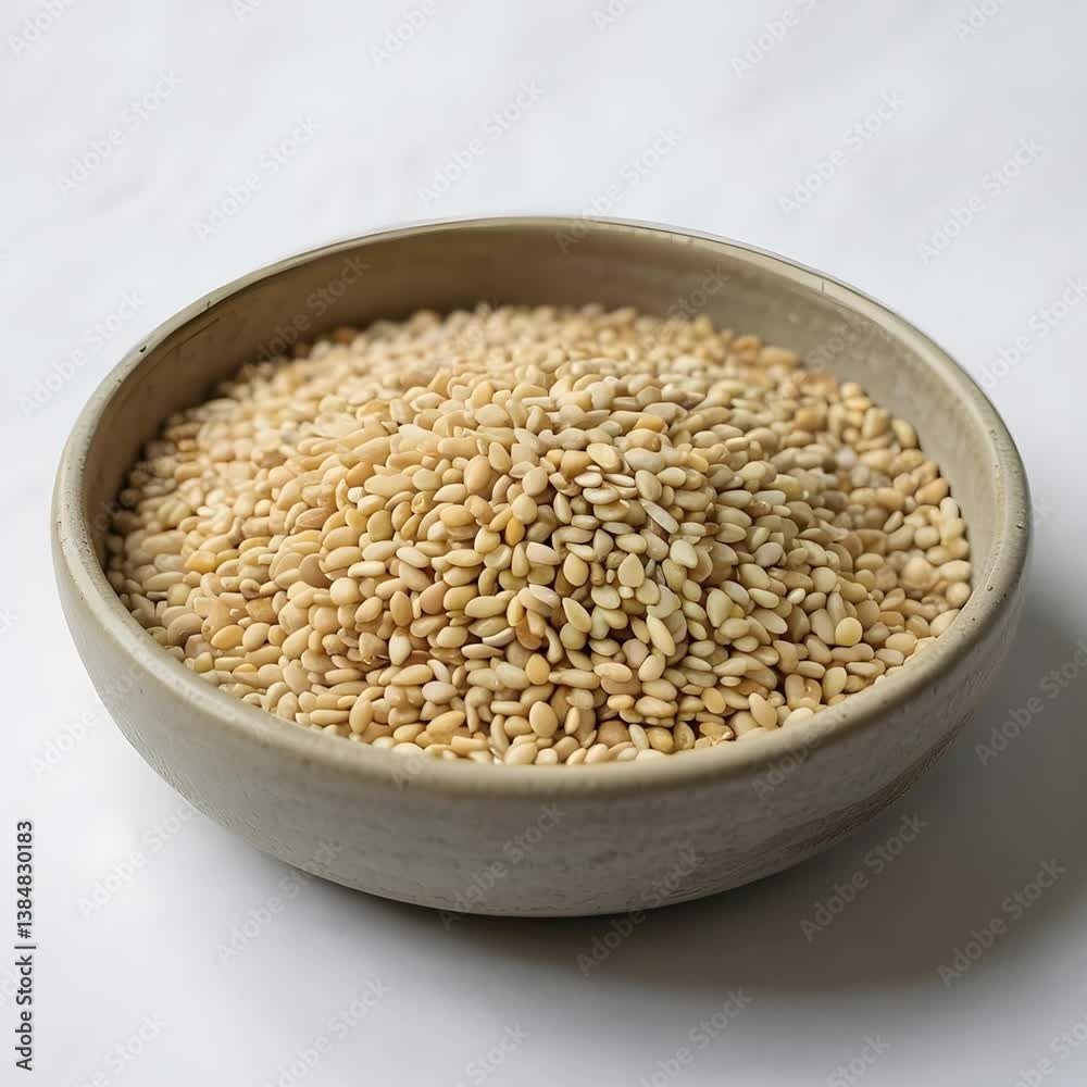 A Bowl of Sesame Seeds on a White Isolated Table Background, Perfect for Culinary Use, Healthy Snacks, and Natural Seasoning	
