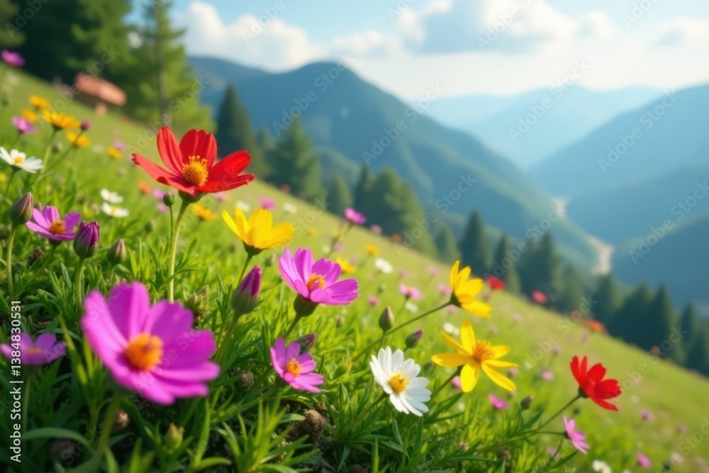 Obraz premium Vibrant wildflowers blooming on a grassy hillside , meadow, flowers
