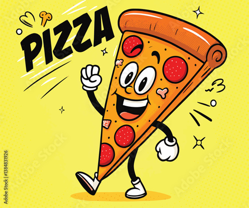 Pizza slice cartoon character food illustration delicious italian pepperoni cheese smile happy drawing vector art