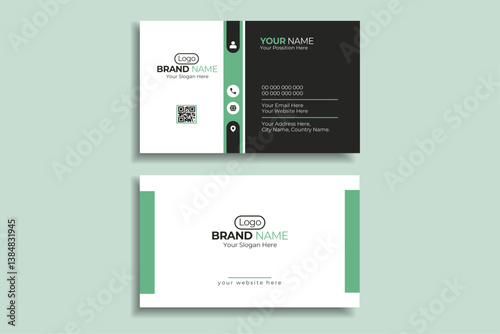 Sleek Green and Black Business Card Template for Corporate Identity | Modern Dual-Tone Business Card Design with Icon Sidebar and QR Code | Professional Contact Card Mockup with Minimal Green Design