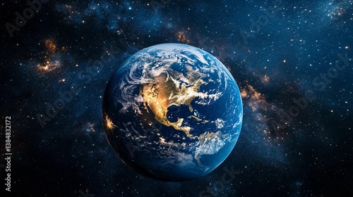A blue and orange planet in the middle of the night sky. The planet is surrounded by a lot of stars