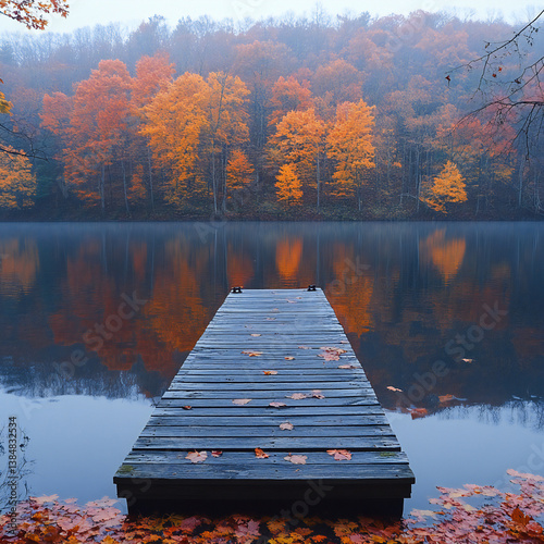 A tranquil lake with a wooden dock, surrounded by trees in full autumn color