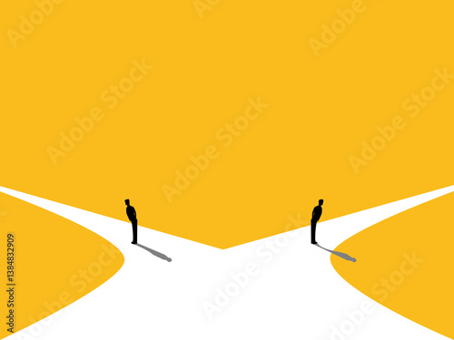 Business Difference, Conflict of paths, Two businessmen standing in different directions at a crossroads