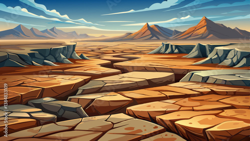 summer desert landscape, rocky field with sediment layers, wind textures, and cracked earth