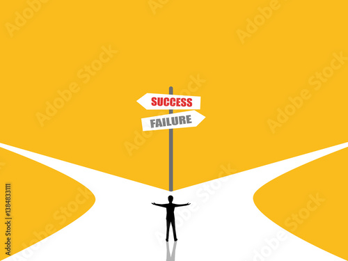 Businessman on the main road decides to choose success and failure signs