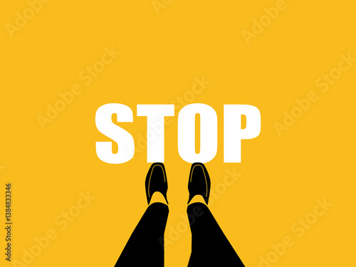 Businessman standing at stop point, top view for decision to stop business.