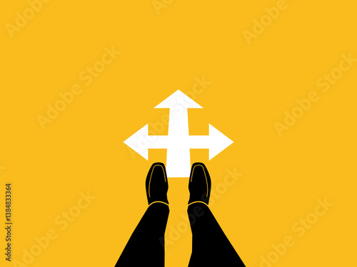 Businessman standing at crossroads, business decision top view