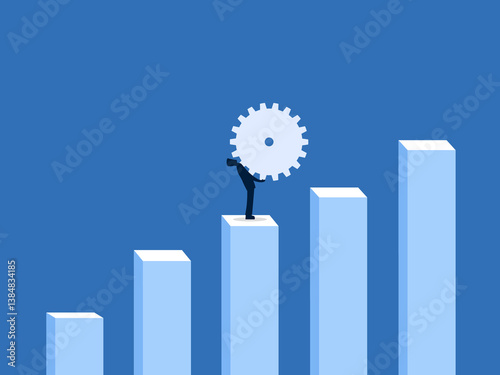 Effort, Businessman carrying gears up on a growth bar graph