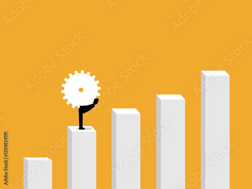 Businessman working hard carrying gears up on a growth bar graph
