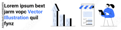 Rising bar chart, online store interface with awning, and professional analyzing data on a tablet. Ideal for e-commerce, business growth, entrepreneurship, marketing, analytics, retail and simple